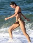 Candice Swanepoel in Black Bikini on the Beach in Miami