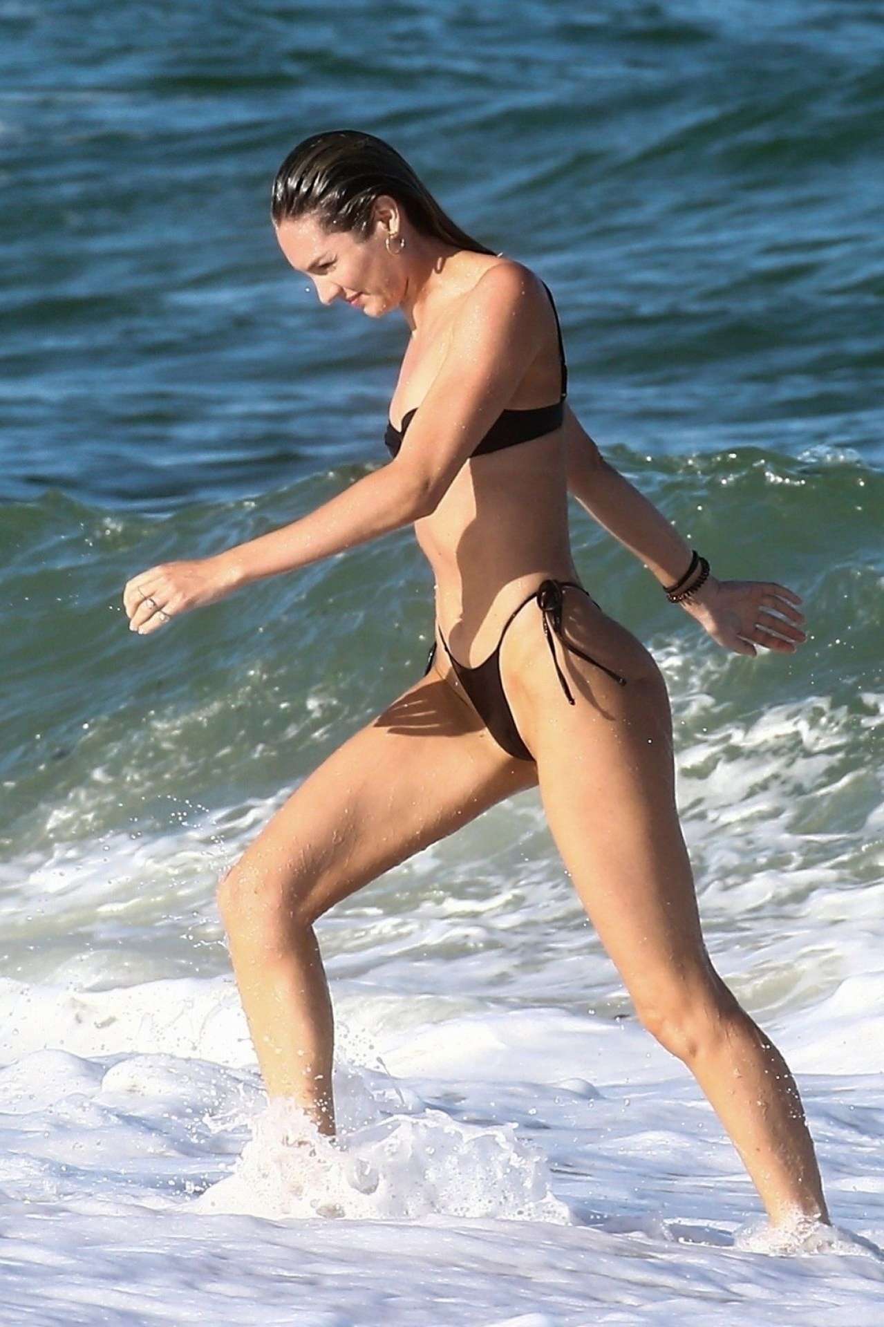 Candice Swanepoel in Black Bikini on the Beach in Miami