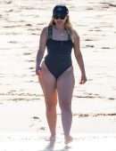 Bebe Rexha Booty in a Black Swimsuit on a Beach Surfing in Cabo San Lucas
