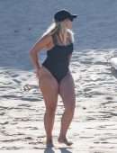 Bebe Rexha Booty in a Black Swimsuit on a Beach Surfing in Cabo San Lucas