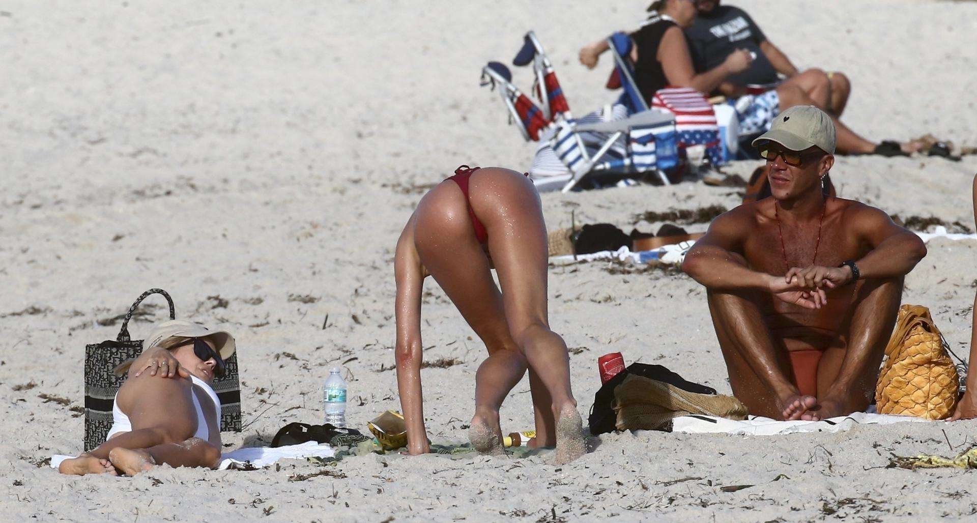 Candice Swanepoel Booty in Tiny Red Bikini at the Beach in Miami Beach