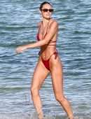 Candice Swanepoel Booty in Red Bikini at a Beach in Miami