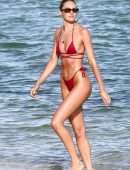Candice Swanepoel Booty in Red Bikini at a Beach in Miami