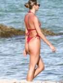 Candice Swanepoel Booty in Red Bikini at a Beach in Miami