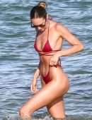 Candice Swanepoel Booty in Red Bikini at a Beach in Miami