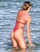 Candice Swanepoel Booty in Red Bikini at a Beach in Miami