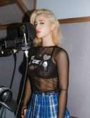 Caylee Cowan Leggy and in Sheer Top and Black Bra