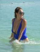 Chloe Goodman in Blue Swimsuit at Beach in Dubai