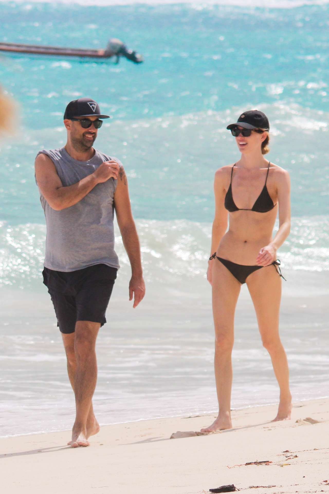 Martha Hunt in Bikini, Walking on the Beach with her Fiancé in Tulum, Mexico
