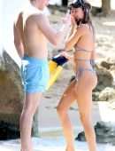 Kimberley Garner Cleavage in a Tiny Blue Bikini at the Beach in Barbados
