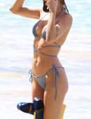 Kimberley Garner Cleavage in a Tiny Blue Bikini at the Beach in Barbados