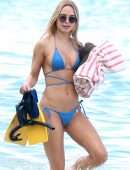 Kimberley Garner Cleavage in a Tiny Blue Bikini at the Beach in Barbados