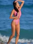 Sophia Culpo in Pink Swimsuit on the Beach in Miami