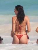 Dua Lipa Booty Red Thong BIkini on the Beach in Tulum