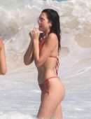 Dua Lipa Booty Red Thong BIkini on the Beach in Tulum