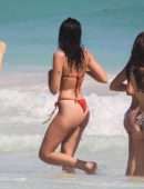 Dua Lipa Booty Red Thong BIkini on the Beach in Tulum
