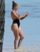 Jennifer Lopez Booty in a Black Swimsuit on the Beach in Turks and Caicos