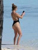 Jennifer Lopez Booty in a Black Swimsuit on the Beach in Turks and Caicos