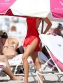 Kimberley Garner Upskirt Booty at the Beach in a Thong Bikini in Miami