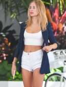 Kimberley Garner Leggy in White Denim Shorts, Out in Miami