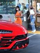 Kylie Jenner Booty in Tight Orange Dress at a Gas Station in Bel Air