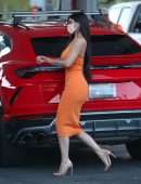 Kylie Jenner Booty in Tight Orange Dress at a Gas Station in Bel Air