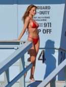 Haley Kalil in Red Bikini on Set of Baywatch Inspired Photoshoot in Malibu