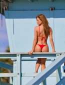 Haley Kalil in Red Bikini on Set of Baywatch Inspired Photoshoot in Malibu