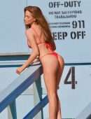 Haley Kalil in Red Bikini on Set of Baywatch Inspired Photoshoot in Malibu