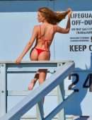 Haley Kalil in Red Bikini on Set of Baywatch Inspired Photoshoot in Malibu