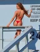 Haley Kalil in Red Bikini on Set of Baywatch Inspired Photoshoot in Malibu