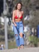 Haley Kalil in Red Bikini on Set of Baywatch Inspired Photoshoot in Malibu