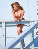 Haley Kalil in Red Bikini on Set of Baywatch Inspired Photoshoot in Malibu