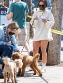 Inanna Sarkis Leggy, at Alfred’s with her Dog in Studio City