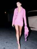 Hailey Bieber Gorgeous Leggy in Pink Dress Out in West Hollywood