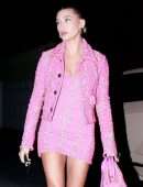 Hailey Bieber Gorgeous Leggy in Pink Dress Out in West Hollywood