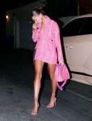 Hailey Bieber Gorgeous Leggy in Pink Dress Out in West Hollywood