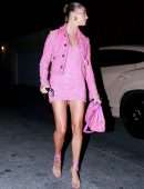 Hailey Bieber Gorgeous Leggy in Pink Dress Out in West Hollywood