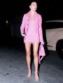 Hailey Bieber Gorgeous Leggy in Pink Dress Out in West Hollywood