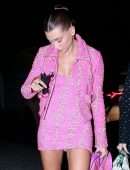 Hailey Bieber Gorgeous Leggy in Pink Dress Out in West Hollywood