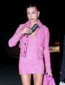 Hailey Bieber Gorgeous Leggy in Pink Dress Out in West Hollywood