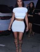 Kim Kardashian Cleavage and Leggy in a White Dress, Out in Miami