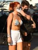 Bella Thorne in Bikini Top getting off a Yacht in Miami