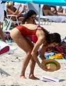 Bethenny Frankel in Red Swimsuit at the Beach on Memorial Day Weekend in Miami