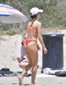 Camila Coelho Booty in Red Bikini Playing Beach Volleyball in Santa Monica