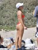 Camila Coelho Booty in Red Bikini Playing Beach Volleyball in Santa Monica