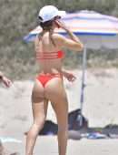 Camila Coelho Booty in Red Bikini Playing Beach Volleyball in Santa Monica