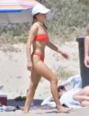 Camila Coelho Booty in Red Bikini Playing Beach Volleyball in Santa Monica