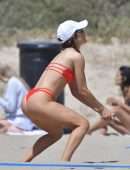 Camila Coelho Booty in Red Bikini Playing Beach Volleyball in Santa Monica
