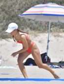 Camila Coelho Booty in Red Bikini Playing Beach Volleyball in Santa Monica